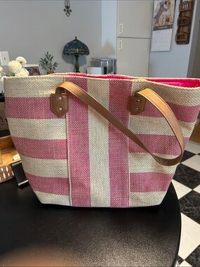 Striped Pink and Cream Beach Tote Bag with Tan Handles